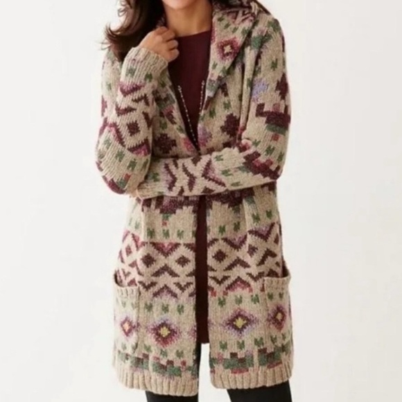J. Jill Sweaters - J.Jill Aztec Lenox Hooded Cardigan Sweater Size Medium Brooch Closure Wool Blend